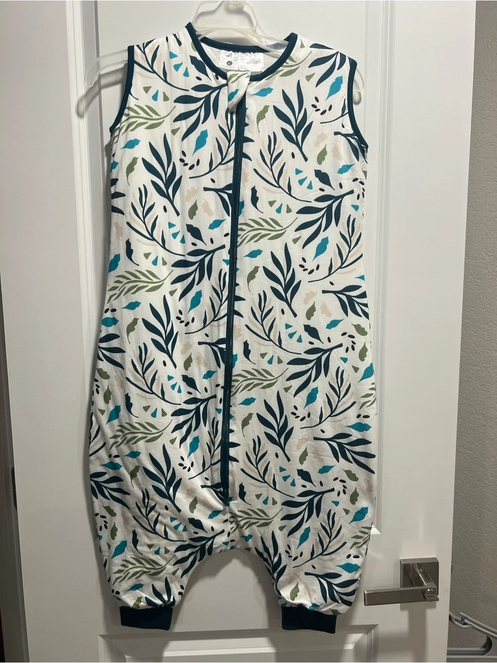 Sleeveless White Baby Sleep Sack with legs with Blue and Green Leaf Print
